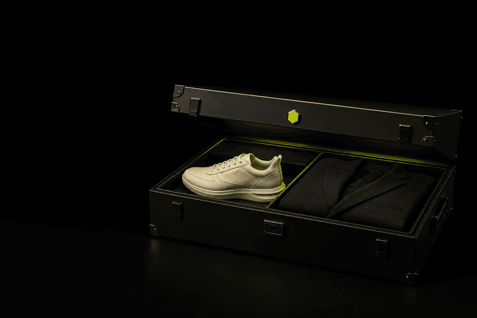 An open TRFT archive case containing a cream sneaker and a folded jacket
